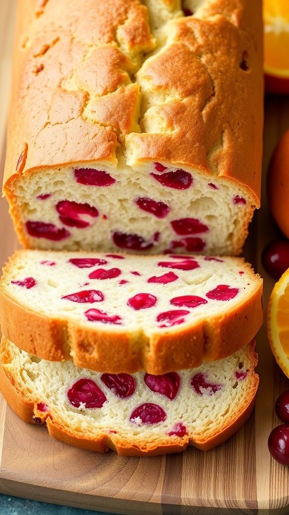 Sliced cranberry orange yogurt bread on a wooden board, showcasing its moist texture and cranberry pieces.